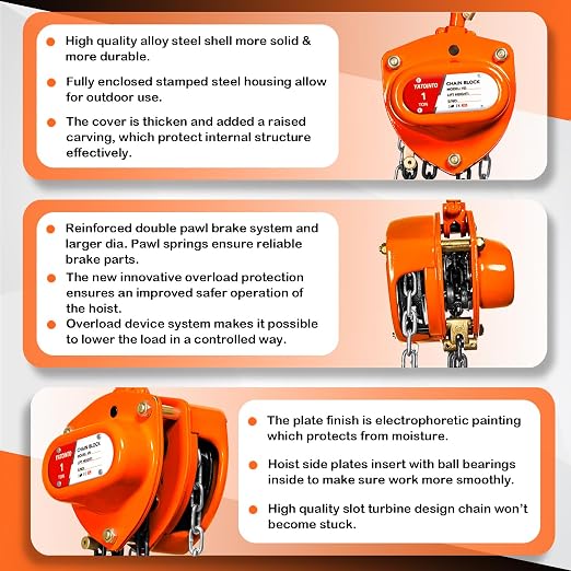 YATOINTO Chain Hoist 1 Ton(2200 Lbs) Capacity 20 FT Manual Hand Lift Steel Chain Block Hoist with 2 Heavy Duty Hooks Industrial Grade Steel Structures for Garages Automotive Machinery