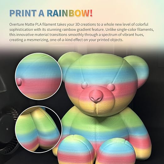 OVERTURE Matte PLA 1.75mm, Low Warp & Smooth Finish 3D Printer Filament | Frosted Matt Finish Hides Layer Lines, 1kg Spool (2.2lbs) Cardboard Spool, Fit Most FDM Printer (Matte Rainbow)