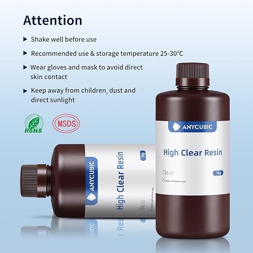 ANYCUBIC High Clear 3D Printer Resin, Resist Yellowing and Highly Transparent, Tough and Resilient, Low Odor 3D Printing Resin, Widely Compatible for All LCD/DLP Resin 3D Printers (High Clear, 1kg)