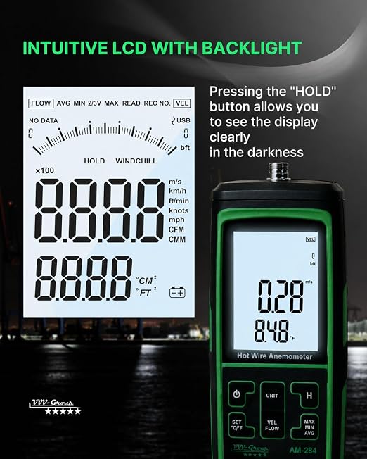 Hot Wire Anemometer AM-284 – HVAC Airflow Meter for Duct and Vent Testing, CFM/CMM Air Volume Calculation, Wind Speed & Temperature Measurement, Straight Telescopic Probe, USB PC Software