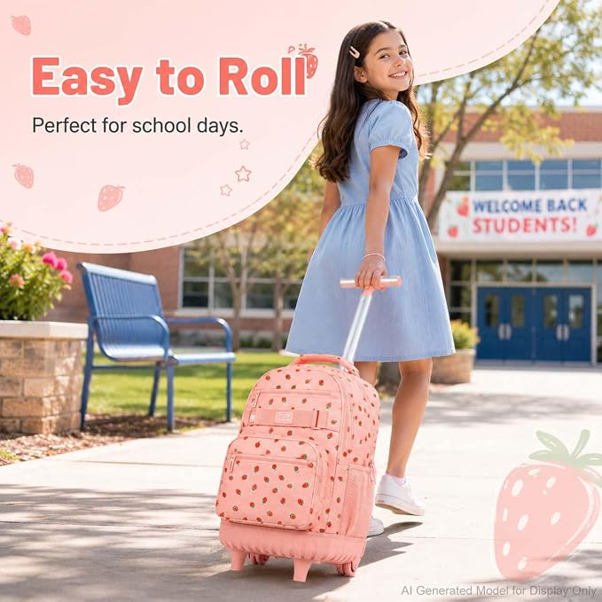 3Pcs Rolling Backpack for Girls Women, Travel Roller Backpacks with Wheels for Adults, Teens College Strawberry Wheeled Bookbag with Lunch Box (Pink)