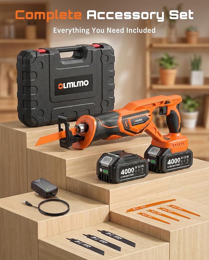 Reciprocating Saw Cordless with 8 Blades: 2 x 4.0Ah Battery, Brushless Motor 3300 RPM, Cordless Reciprocating Saw Kit for Wood PVC Metal Tree Bone Cutting DIY (Orange) | Come with 2pcs 4.0Ah Batteries & 8 Cutting Blades, 3300SPM, Perfect for DIY Cuttin...
