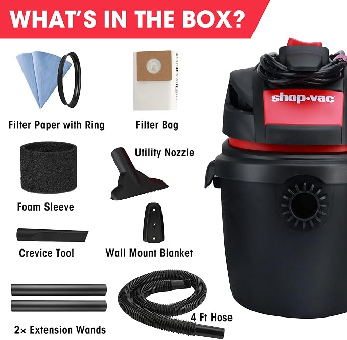 Shop-Vac 5760288 2.5 Gallon Wet/Dry Vacuum, 2.5 Peak HP, 1.25 Inch Diameter x 4 Ft Hose, Portable Compact Design