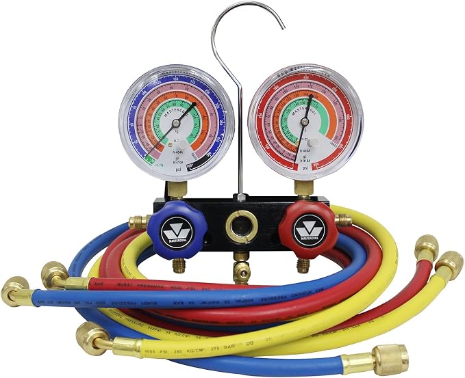 Mastercool (57161 Black Aluminum R410A, R22, R404A 2-Way Manifold Set with 3-1/8" Gauges, 3-60" Hoses and Standard 1/4" Fittings, Blue