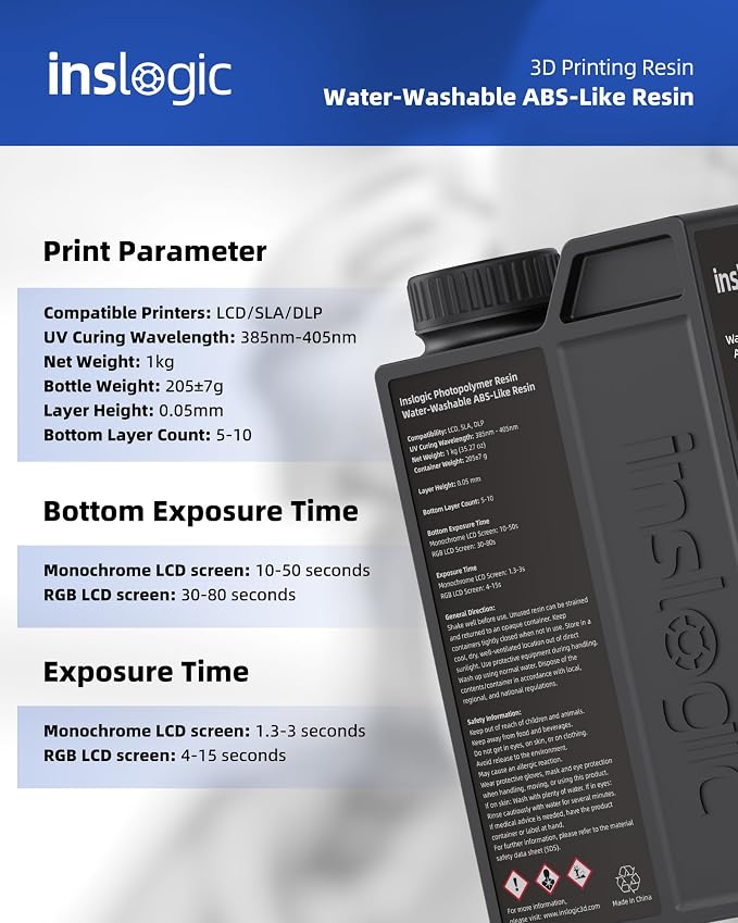 Inslogic Water-Washable ABS-Like Resin, Combines Features of ABSLIKE Resin & Water Washable Resin, Non Brittle, High Precision, Fast Curing 3D Resin for LCD DLP SLA 3D Printers, 1KG Black