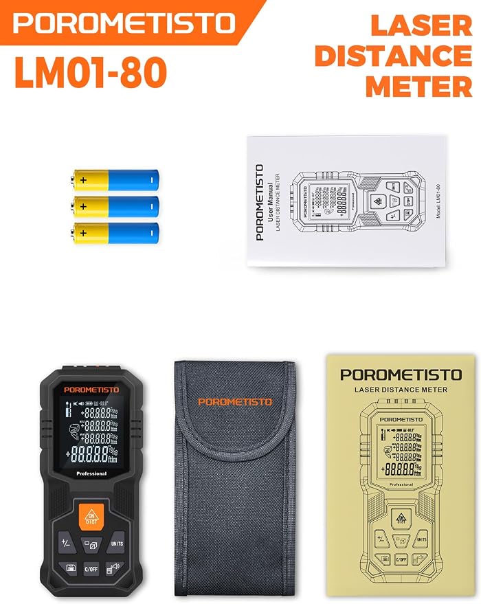 Laser Measure Tool (262ft/80m, ±2mm) with Tripod Mount and Angle Sensor | POROMETISTO 12 Modes( Angle, Area, Volume, Pythagorean)Handheld Laser Distance meter for Home Construction