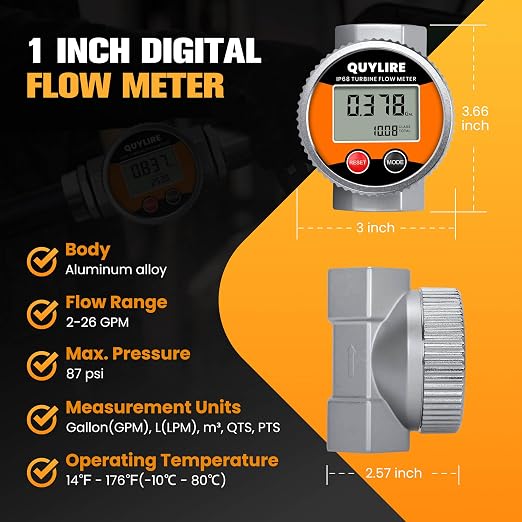 Waterproof 1 Inch Fuel Flow Meter with 3/4" NPT Adapter, 2-26 GPM Digital Inline Flowmeter for Hot/Cold Water, Diesel, Gasoline, Oil & Liquids, Supports Gallon, Liter, GPM, LPM, m³, QTS, PTS