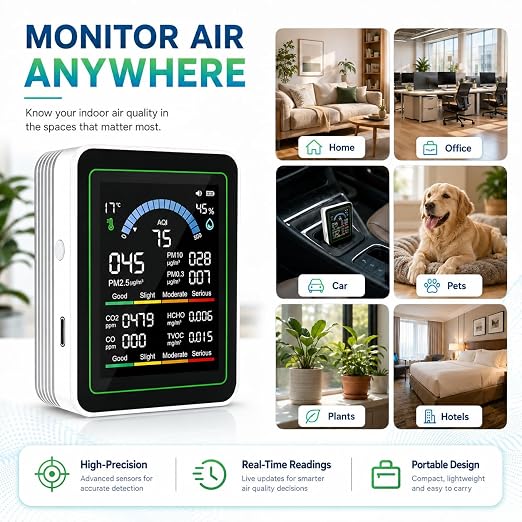 Upgraded 10-in-1 Smart Air Quality Monitor – Professional Indoor Air Test Kit for CO₂, TVOC, HCHO, PM0.3-10, PM2.5, Temperature & AQI – Home, Car, Pets, Plants, Hotels – White