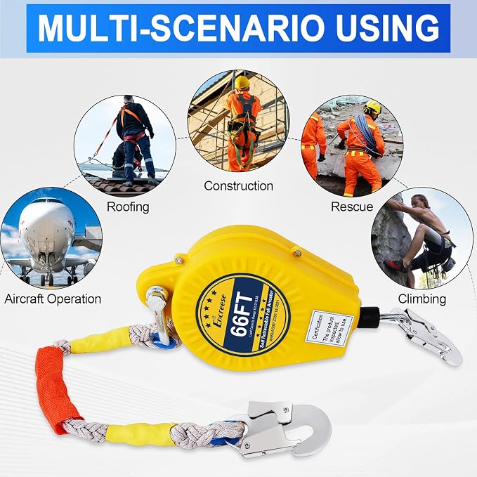 Self Retractable Lifeline Fall Protection Arrester 66FT Double Locking Roofing Safety Rope Lanyard Fall Arrest Gear, Dual Alloy Steel PPE shell Heavy Duty Hook Cable Wire