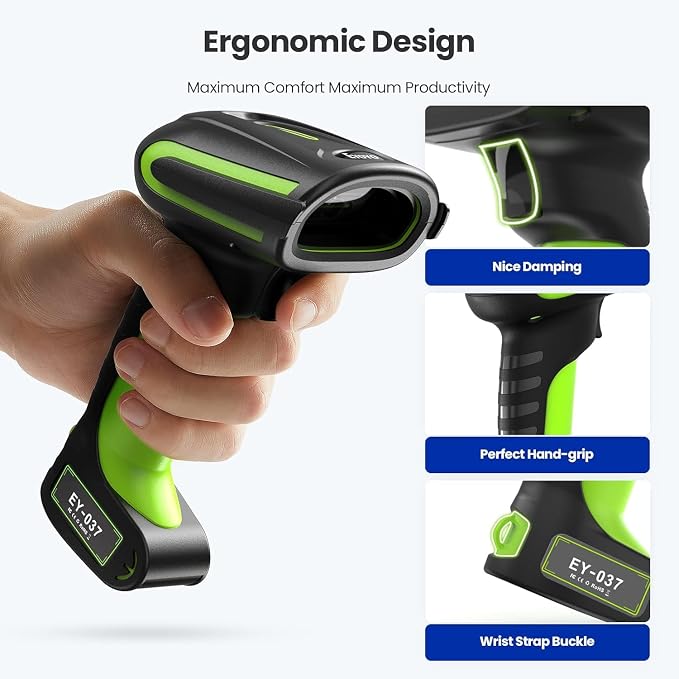 Eyoyo 2D QR Industrial Barcode Scanner with Wireless Charging Stand, Rugged Heavy Duty & IP65 Waterproof 3-in-1 Bluetooth & Wireless & USB Hands-Free Barcode Reader for Laptop Desktop Tablet Android