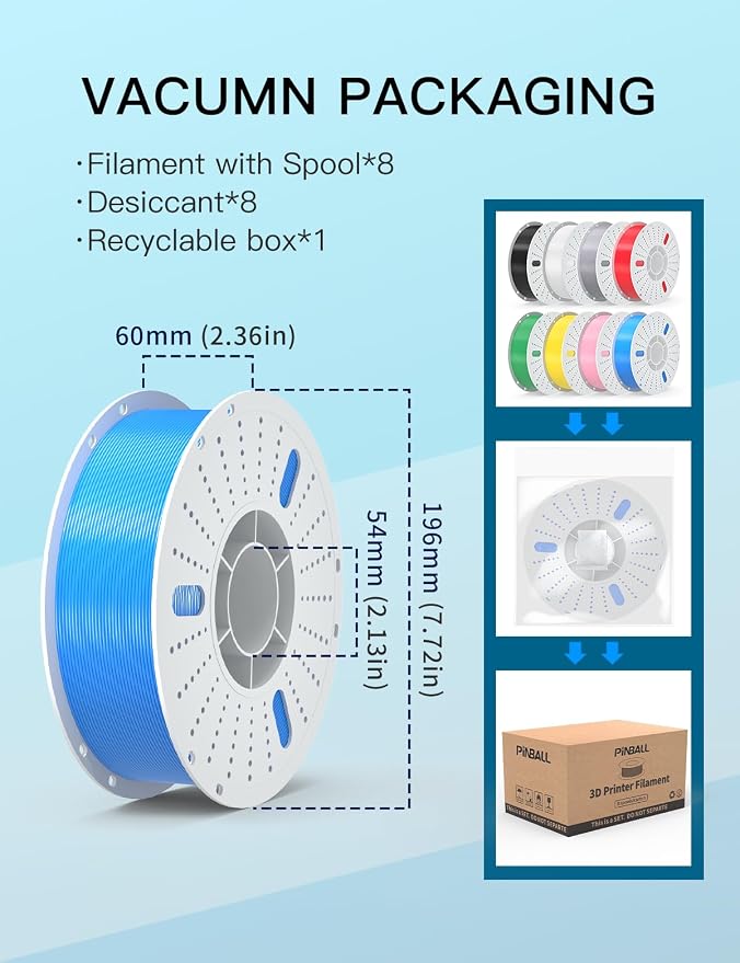 PINBALL PLA+ 3D Printer Filament 1.75mm, 8 Colors PLA Plus 3D Printing Filament, Fit for Most FDM 3D Printers, 8 KG, Black+White+Grey+Red+Green+Yellow+Pink+Blue