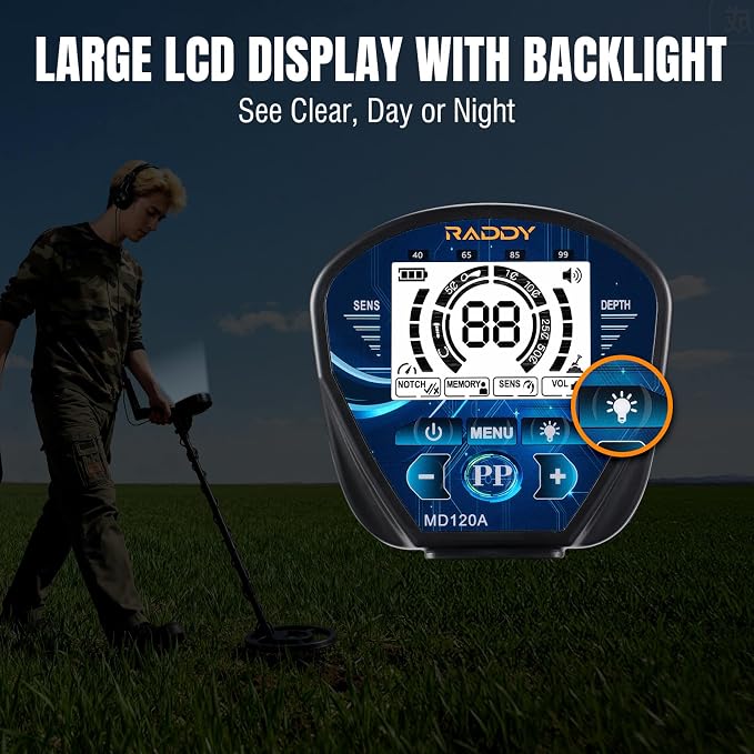Raddy MD120A Beginner-Friendly Metal Detector for Adults, High Accuracy Gold Metal Detector with 4 Modes, 10" IPX7 Waterproof Search Coil, LCD Backlit Display, Headphone, Bag, Shovel for Treasure Hunt