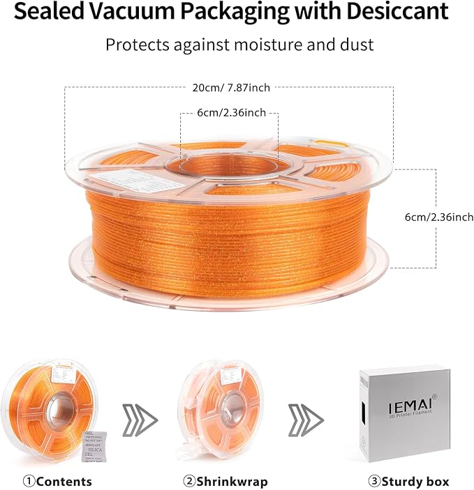 IEMAI Glitter Clear PETG Filament 1.75mm Orange 1KG, Sparkly Transparent Finish 3D Printer Filament, Easy to Print for Lampshades, Home Decor & DIY Models