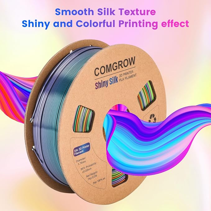 Comgrow Rainbow Colors Silk PLA 3D Printer Filament, PLA Filament 1.75mm, Dimensional Accuracy +/- 0.02 mm, 1KG Spool, Coextrusion 3D Filament with Shiny Silk Rainbow Yellow