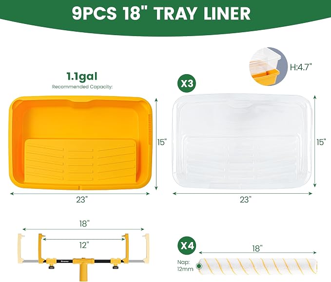Voomey 18" Paint Roller kit,9 Piece 18 inch Paint Roller,18 Paint Roller Tray with Liner,Microfiber Paint Roller,Paint kit for House Painting