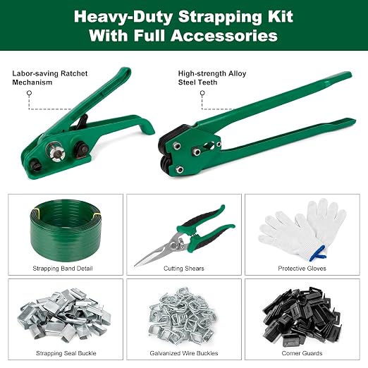 Banding Strapping Kit, 1200lbs Break, Heavy Duty 5/8'' x 1000' PET Strapping Roll, Pallet Strapping Kit with Tensioner & Banding Sealer for Warehouse, Includes Metal Seals, Buckles, Corner Protectors