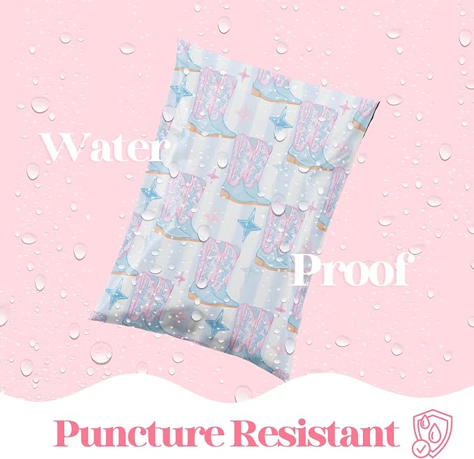 Pretty Package Store 6x9 Designer Poly Mailer 100 Pack Heavy Duty Waterproof Self Seal Shipping Bags for Small Business Large Mailing Envelopes Bulk Tear Resistant Packaging Cowgirl Boots Western