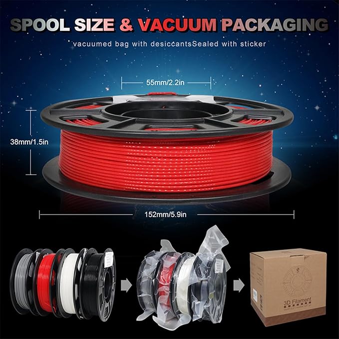 YOUSU PLA Plus (PLA+) Filament 1.75mm Bundle 4x250g, 4 Pack 1 KG Sample 3D Printer Filament, 3D Printing Multi Pack Filament Dimensional Accuracy +/- 0.02mm(2.2lbs),Black/White/Grey/Red
