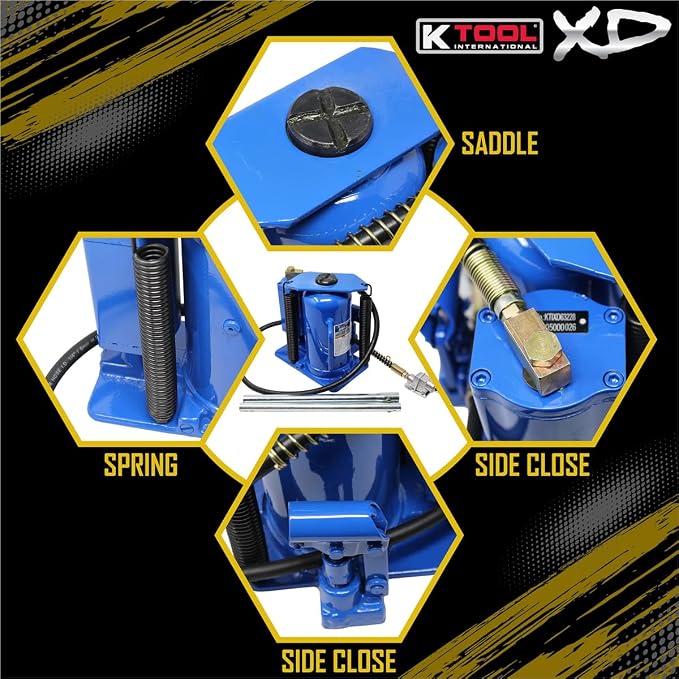 K Tool International XD63228 20 Ton Air/Hydraulic Bottle Jack for Garages, Repair Shops, and DIY, 44,000 lbs. Capacity, Lift Range 10.43"-19.88", Heavy Duty Steel, Load-limiting/Bypass Valves, Blue