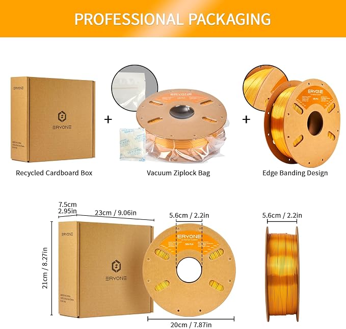 ERYONE Silk Color PLA Filament 3D Printer 1.75mm +/- 0.03mm, Shiny Filament Silk PLA 1KG(2.2lbs) Cardboard Spool, Silk Gold