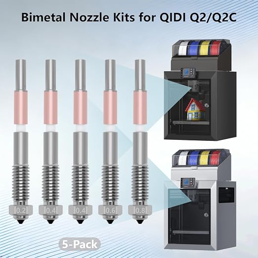 5PCS Bimetal Nozzle for QIDI Q2/Q2C, Quick-Swap Integrated Ceramic Throat Tube Hardened Steel Nozzle All-Metal HighTemperature Resistant Hotend 0.2/0.4/0.6/0.8mm Nozzles for QIDI Q2 3D Printer