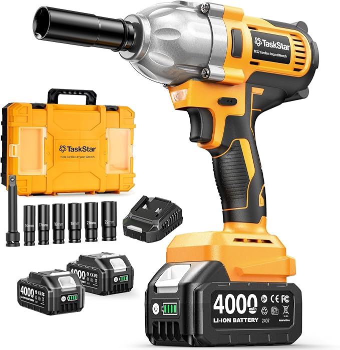 1/2" Cordless Impact Wrench, 1400N·m(1032ft・lbs) Brushless High Torque Impact Gun, Electric Impact Driver, 2x4.0Ah Batteries, LED Light, Charger, 6 Sockets, 3 Variable Speeds for Car/ Pickup/Mower