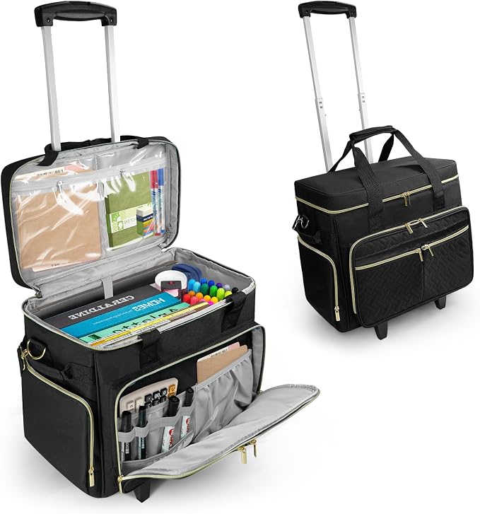 ORKELS Rolling Teacher Bag with Removable Trolley, Wheeled Teacher Tote for 17.3 Inch Laptop, Large Rolling Work Bag with Organized Storage for Books, Files, Lesson Plans & Classroom Supplies, Black