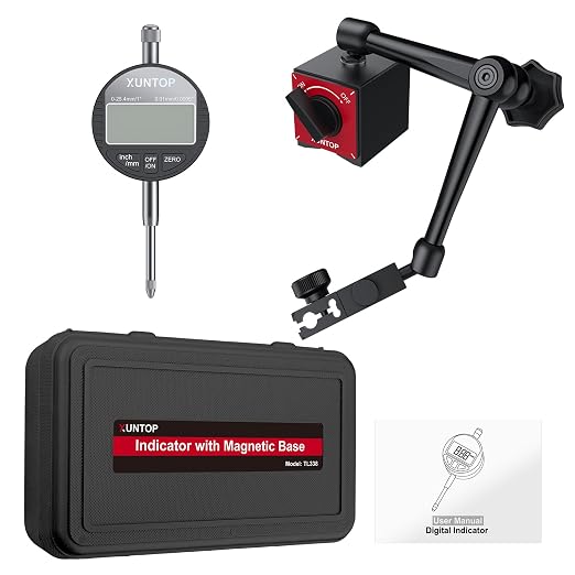 XUNTOP Digital Dial Indicator with 176lbs/80kg Magnetic Base, 1inch/0.0005inch Dial Gauge with Inch/Metric Conversion LCD Display Digital Dial Indicator Set for Lathe,3D Printer,CNC, Indusrial