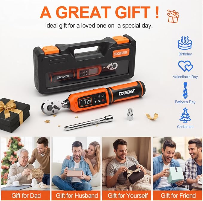 coobeast Digital Torque Wrench, 3/8 Drive Electronic Torque Wrench Set with Preset Value(0.66-44.29 Ft-lbs./0.9-60Nm), Buzzer and LED Flash Five Units of Measure Torque Wrench for Bicycle, Bike
