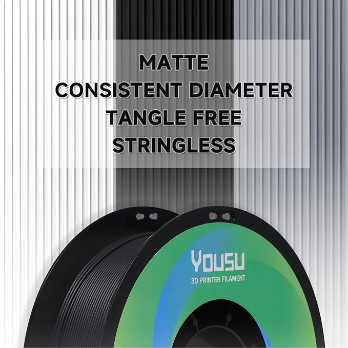 YOUSU Matte PLA Filament 1.75mm Black, Matte 3D Printing PLA Filament 1KG, Dimensional Accuracy +/- 0.02mm, PLA Matte 3D Printer Filament 1.75mm for All 3D Printers(2.2lbs)