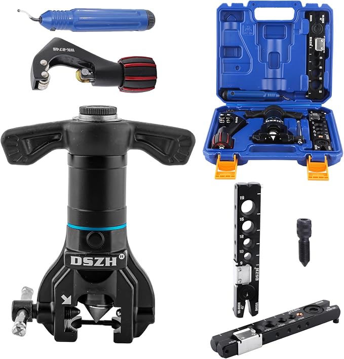 Flaring Tool Kit for 1/4”- 3/4” and 6-19mm HVAC Single Flare Tool, 45° Eccentric Tube Flaring Tool with Pipe Cutter for Copper Aluminum Pipe and Deburring Tool - 5 in 1 Kit