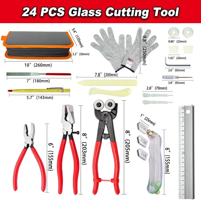 Glass Cutters Tools 24pcs Stained Glass Kit, with Wheeled Glass Nippers,Running Pliers,Breaker Grozer Pliers, Glass Cutter Head 2-20mm, Stained Glass Supplies for Mosaic,Glass,Tile Cutter