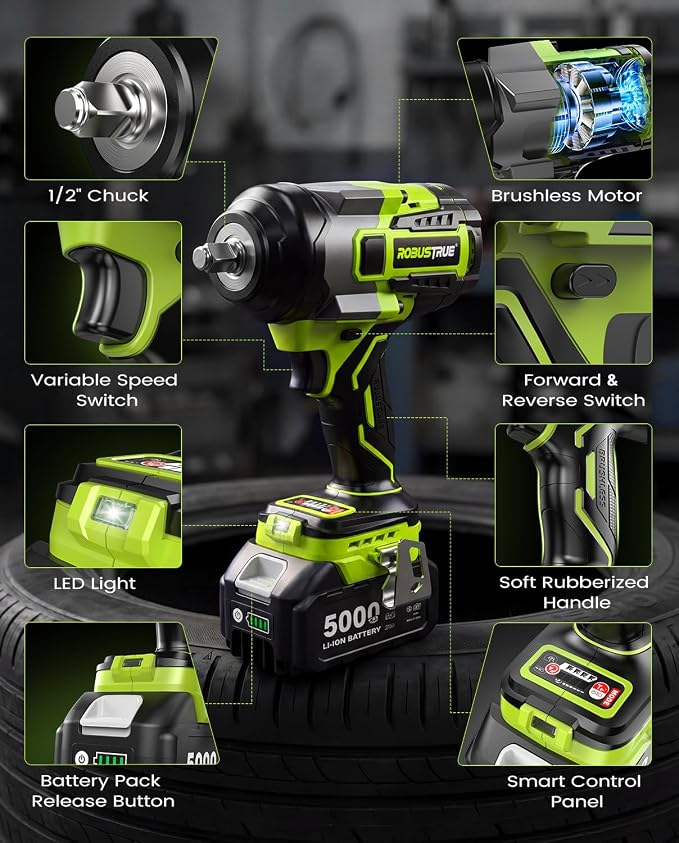 Robustrue Cordless Impact Wrench,1475Ft-lbs (2000N.m) 1/2 High Torque Brushless Impact Gun, 18V Power Impact Driver, 2 * 5000mAh Battery,5 Sockets, Brushless Variable Speeds for Car/Truck RV/Mower