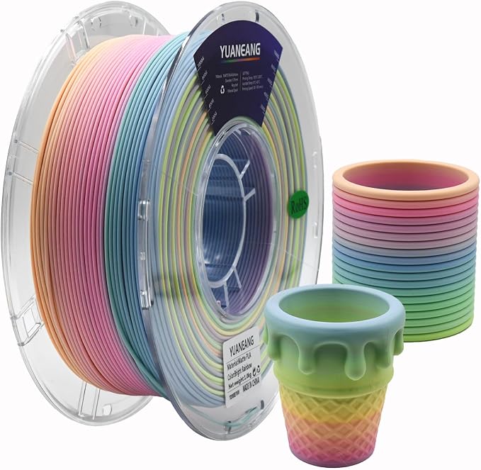 Matte Rainbow 3D Printing Supplies, PLA, 1.75 mm, Accuracy +/- 0.02 mm, 1 kg Spool (2.2 lb), Matte Vivid Color