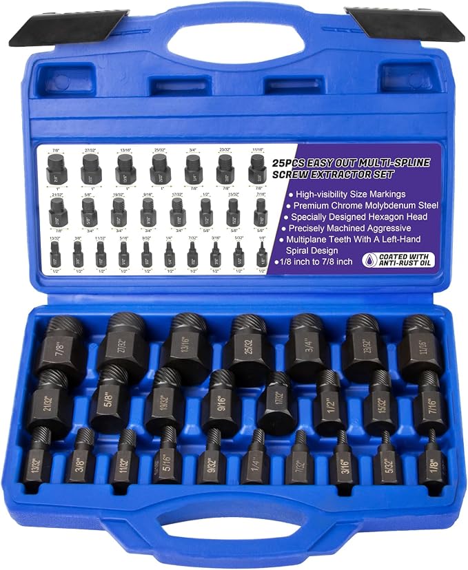 LLNDEI Screw Extractor Set Hex Head Multi-Spline Easy Out Bolt Extractor Set, EZ Out Rounded Screw Remover, 1/8 Inch to 7/8 Inch in 1/32-Inch Increments, CR-MO, 25 Pieces, Stripped Fastener Tool