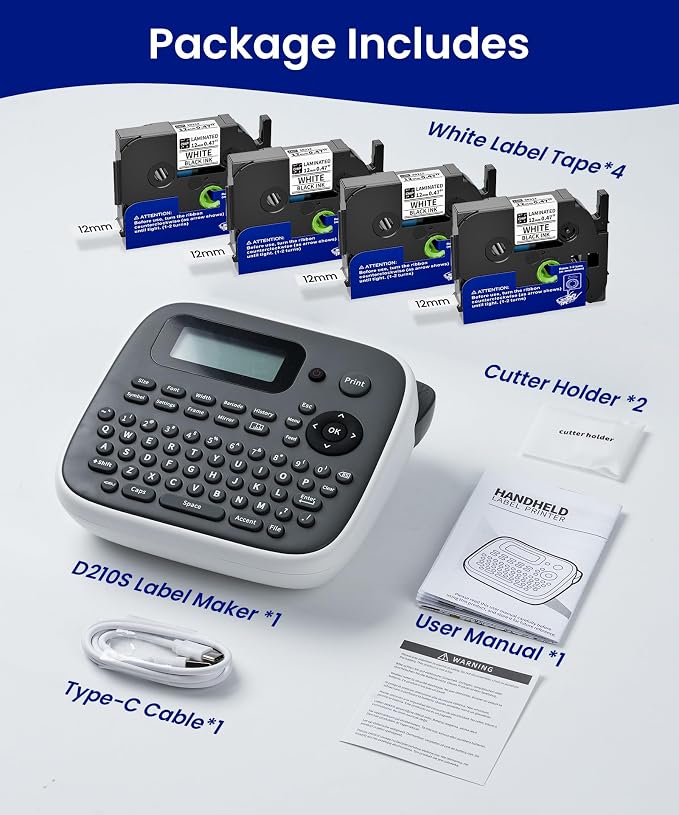 Label Maker, Labeler Machine with 4 Tapes, 12mm 0.47 Laminated White, D210s Desktop Label Printer for File Folder Labels/Daycare Name Tags, School Office Teacher Supplies