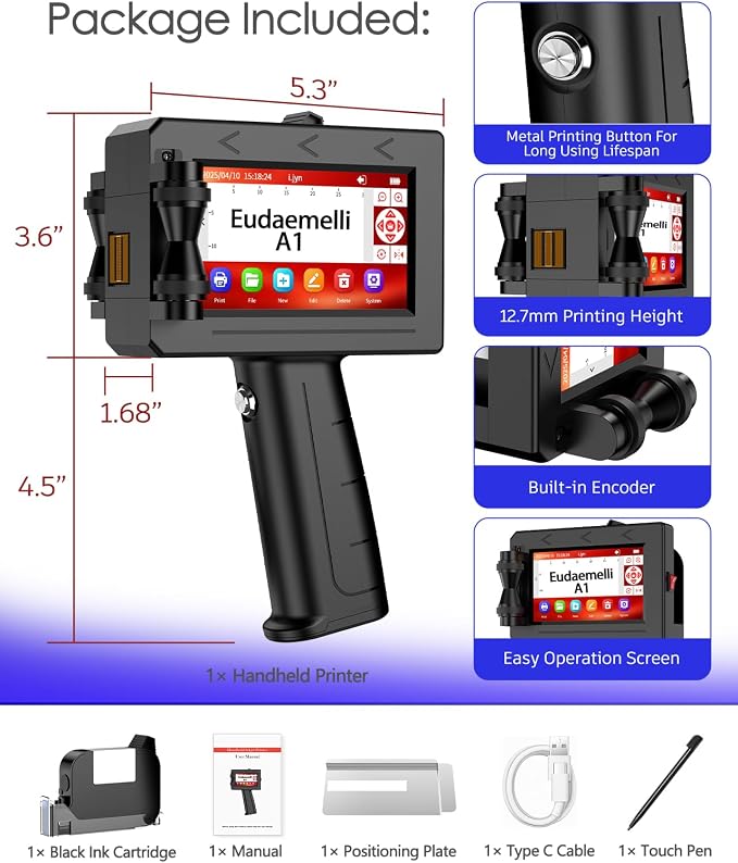 A1 Handheld Inkjet Printer Gun,0.5 Inch Portable Handheld Ink jet Printer Gun with 42ml Quick-Drying Ink Inkjet Coding Machine for Expiry Date/Batch Number/Text/Logo/QR Code/Barcode/Serial Number