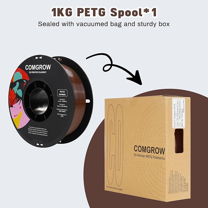 Comgrow PETG 3D Printer Filament 1.75mm, High Precision and Tough 3D Printer Filament 1kg (2.2LBS), Dimensional Accuracy +/- 0.02 mm, Fit Most 3D Printers Coffee