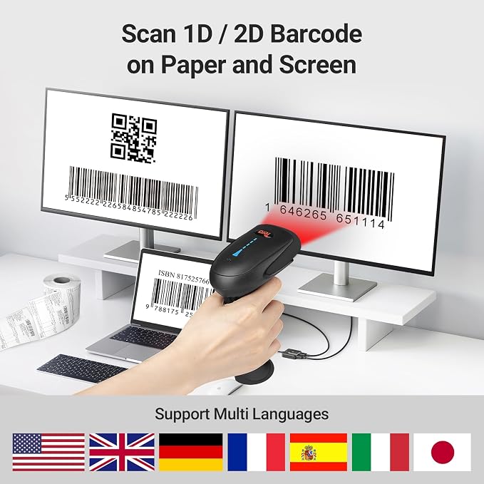 Tera Barcode Scanner Wireless 1D 2D QR with Stand: Battery Level Indicator 3 in 1 Works with Bluetooth 2.4G Wireless USB Wired Handheld Bar Code Reader with Vibration Alert HW0002 Black
