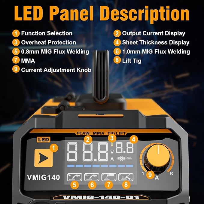 VIGRUE 140A MIG Welder, 110V Flux Core/Stick/Lift MIG 3 in 1 Welding Machine with Large Digital Screen Display & Welding Mask & Gloves