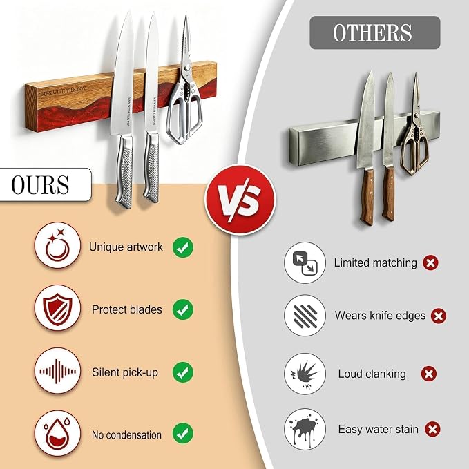 MEN WITH THE POT Magnetic Knife Strips, 16 Inch Magnetic Knife Holder for Fridge Wall, Acacia Wood & Red Resin Knife Magnetic Strip Use as Knife Bar, Knife Holder for Kitchen Utensil Organizer