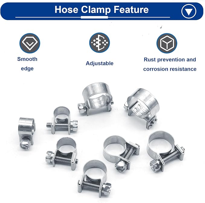 Tnisesm 125PCS Mini Fuel Injection Hose Clamps Adjustable 9/32"-23/32" Dia 7-18mm Fuel Line Clamps Assortment Kit, for Automotive Diesel Petrol Pipe with Socket Spanner