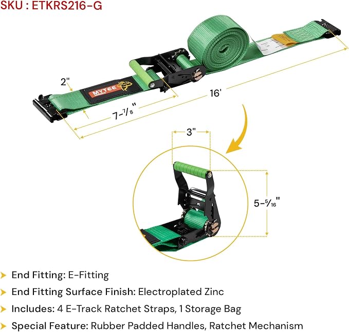 Mytee Products 8 Pack 2" x 16' Green E-Track Ratchet Tie Down Straps 1,500 lbs WLL, 4,500 lbs BS, Spring-Loaded Double Stud E-Fittings for Enclosed Trailers & Trucks, Padded Handles & Storage Bag