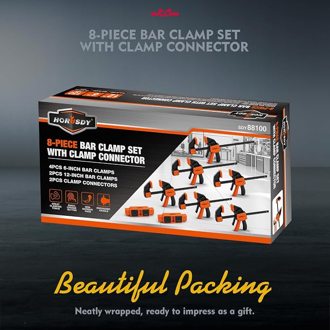 HORUSDY 8-Pack Bar Clamps for Woodworking, 12" and 6" Bar Clamps with 2-Piece Clamp Connectors, Quick-Release Wood Clamps with 150 LBS Load Limit, Trigger Clamp Set