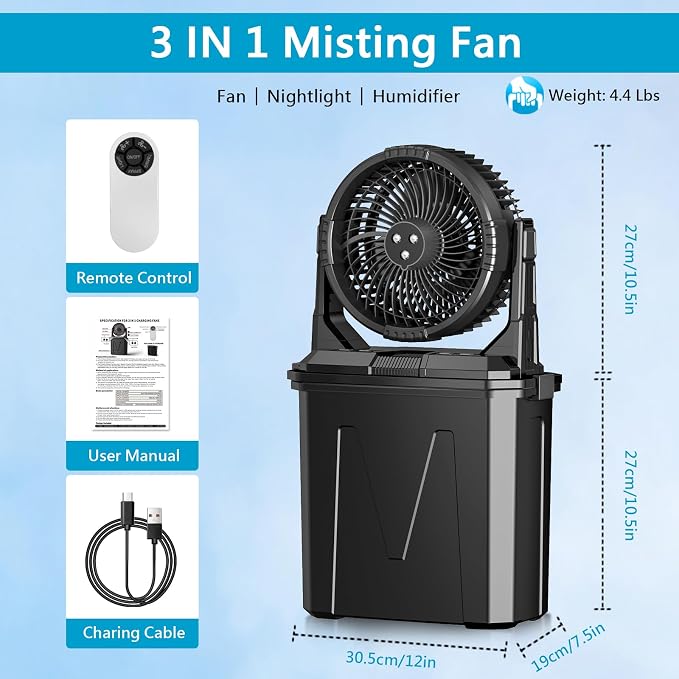 GHORA Portable Misting Fan with 9L Water Tank & 20000mAh Battery, Remote Control, 4 Speed Levels, 4 Misting Modes, RGB LED Lights - Indoor/Outdoor Cooling Fan for Camping, Patios, Garden, Travel