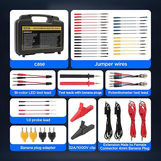 AUTOOL 48PCS Silicone Multimeter Test Leads Kit with Replaceable Wire Piercing Probes,Alligator Clips,32A/1000V Test Hook Clips,Banana Plug Connectors,Jumpers,Test Tweezer