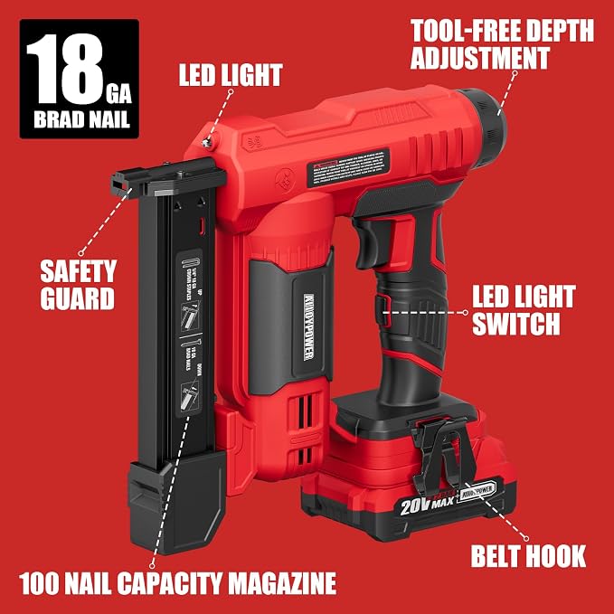 ALLOYPOWER 18 Gauge Nail Gun Battery Powered, 2 in 1 Cordless Brad Nailer/Electric Stapler with 2.0Ah Battery and Charger,1000pcs Nails and 500pcs Staples Included for Home Improvement & Woodworking