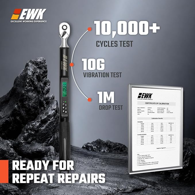 EWK 3/8 Inch Drive Digital Torque Wrench 5-100 ft-lbs (6.8-135 Nm) | IS0 6789, ±1.5% clockwise / ±2.5% counterclockwise, LCD Display, LED Buzzer Vibration Alert, 30 Memory Values