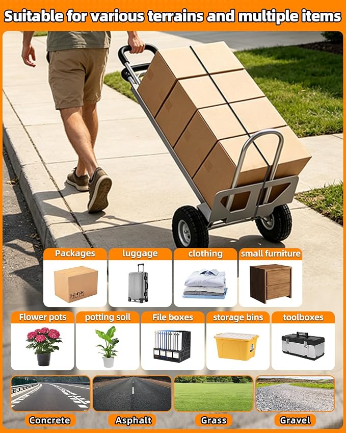 2 in 1 Hand Truck, 600 Lbs Capacity, Dolly Cart with Wheels 10" All-Terrain Tires, Heavy Duty Alloy Steel Dolly with Dual Handles, 2 Bungee Cord for Warehouse, Home, Office, Dormitory, Silver