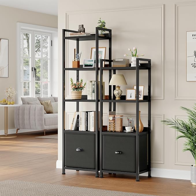 DUMOS 5 Tier Bookshelf with Fabric Drawer, Tall Industrial Bookcase, Narrow Display Standing Shelf, Wood and Metal Storage Shelf Organizer in Bedroom, Living Room, Black
